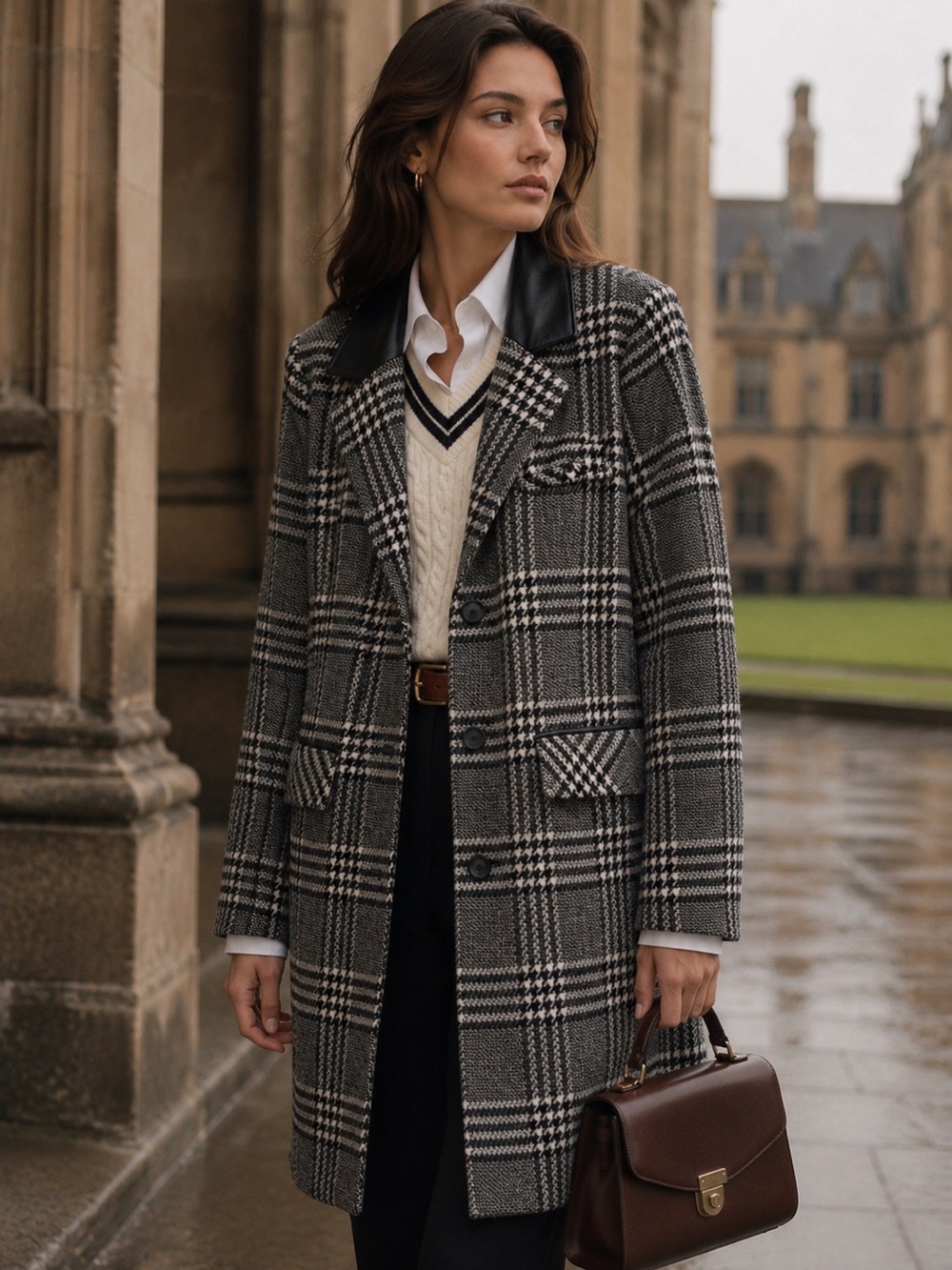 London Fog Plaid Wool Blend Coat Gray Black Small Classic Fall Winter Academia